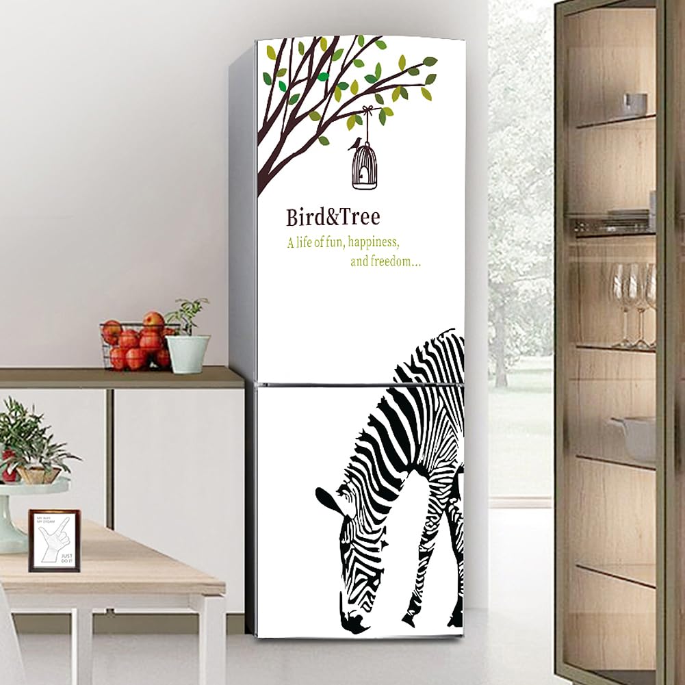Fridge Sticker, Fridge Sticker Full Covering Door Covers Skins Wall Stickers for Kitchen Decal, Tree Bird cage Zebra(S: 60x150 cm)