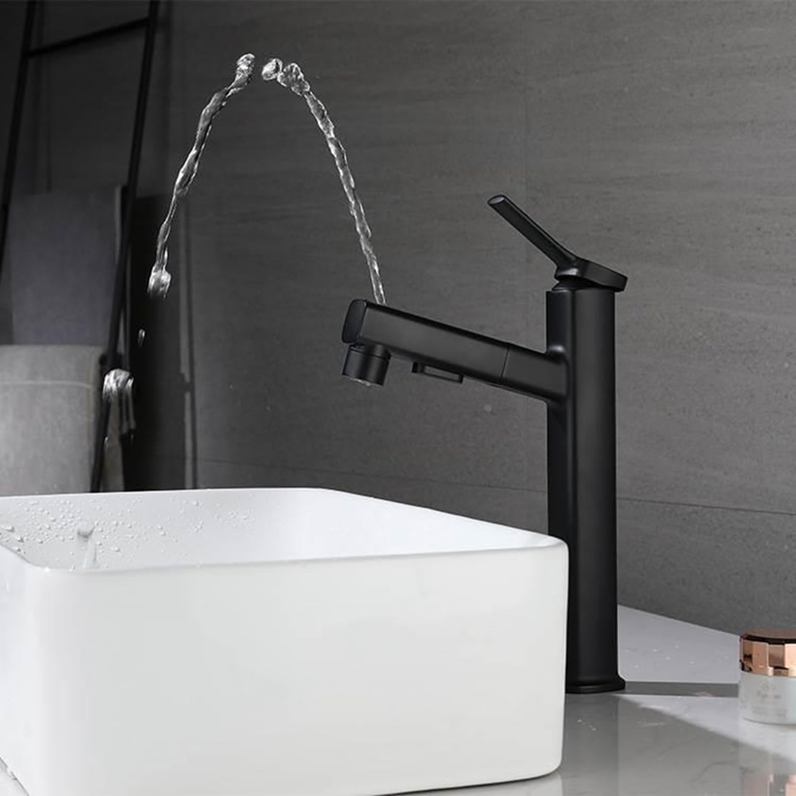 BHFPFZA High Basin Mixer Tap with Pull-Out Hand Shower - 3 Modes Black Splash Guards Modern Bathroom Faucets for Stylish Washbasin Upgrade