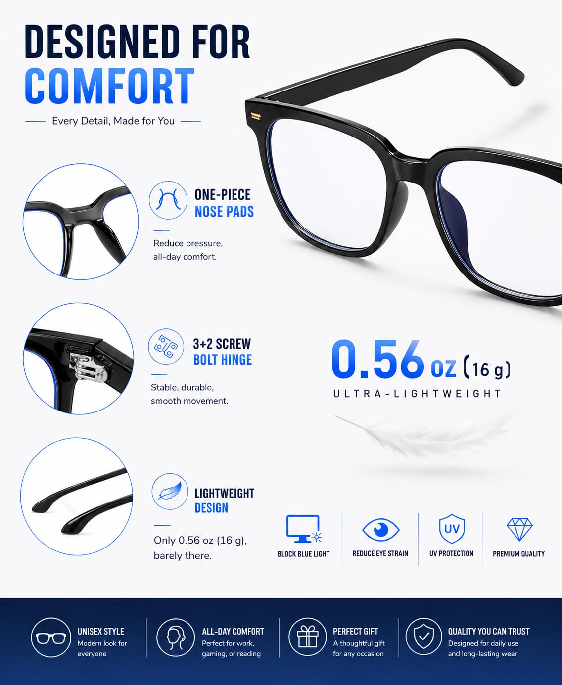 LANYING - Lentes cuadrados de gran tamaño con bloqueo de luz azul para mujeres y hombres, antirreflejos, reducen la fatiga ocular (negro)
