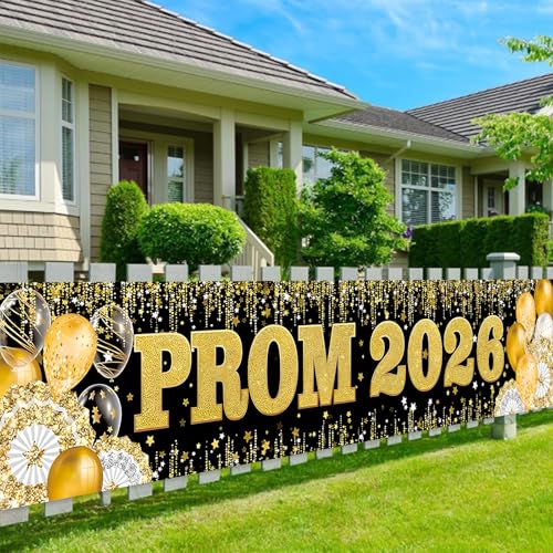 Prom Decorations 2026 Prom Banners Black Gold Glitter Class of 2026 Party Decor Send Off Supplies for High School College Students Graduation Party Photo Backdrop Decor 300x50cm Signs