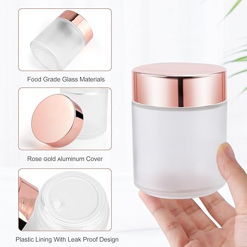 Miniatura 2 de Paquete de 6 frascos redondos de vidrio blanco esmerilado de 8 onzas, tarros de vidrio vacíos para cosméticos con tapas de oro rosa, forros