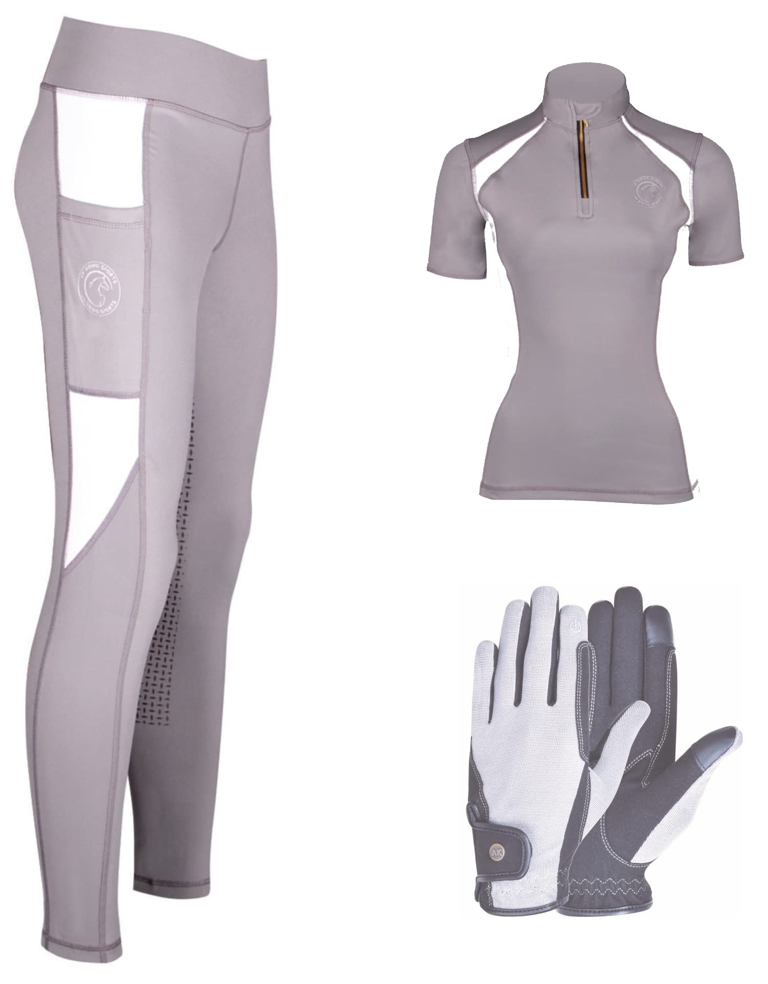 AK Comptec Pull on High Waisted Breathable Horse Riding Tights/Leggings/Breeches with Full seat Silicon Grip AKRS 6059 (as8, Alpha, s, Regular, Regular, Bundle Offer (All in One) Gray/White)