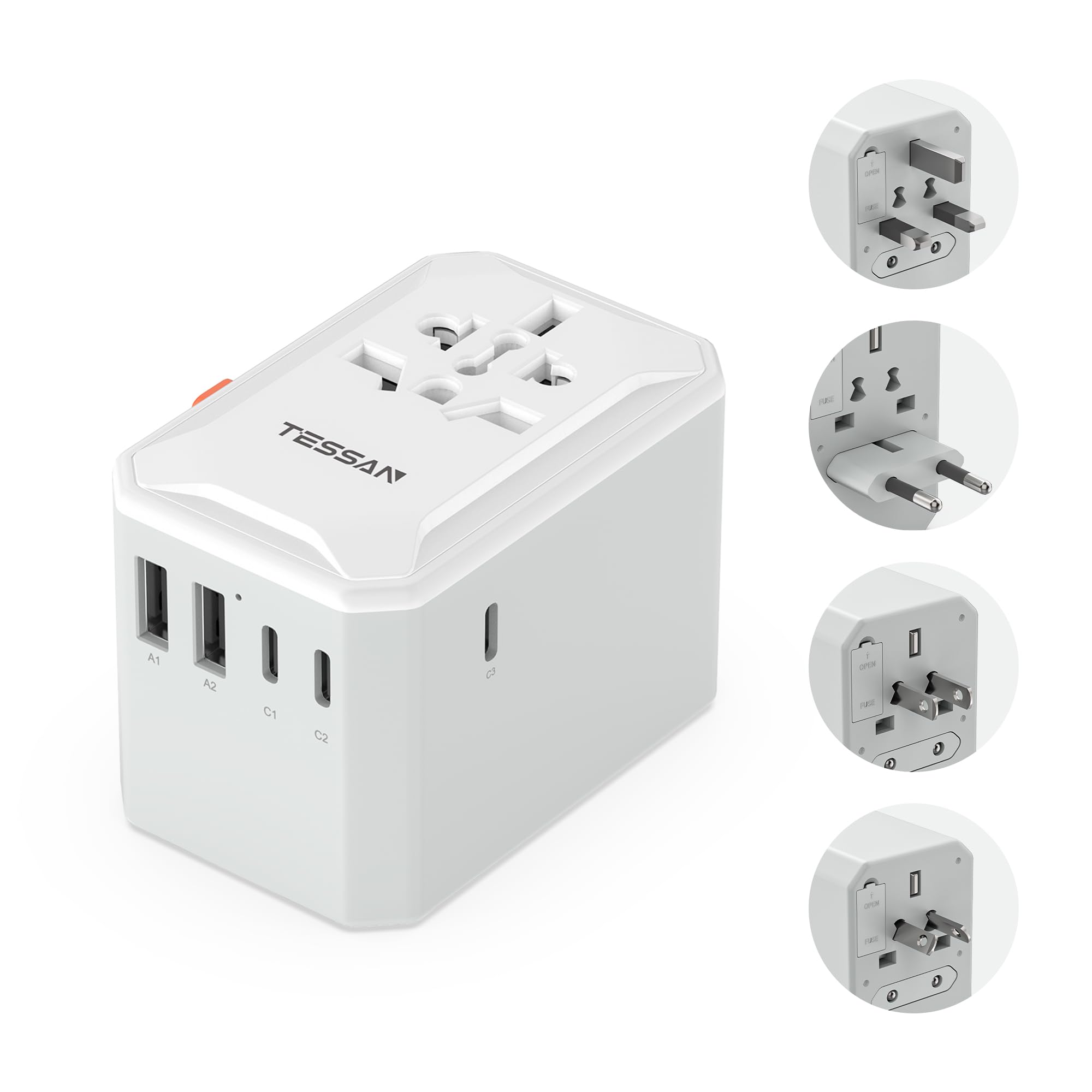 TESSAN Reiseadapter Weltweit mit 3 USB C und 2 USB A, Reisestecker Adapter Weltweit, 2500 W Steckdosenadapter, Universal Adapter für USA Thailand Japan England Irland Australien China Italien Ägypten