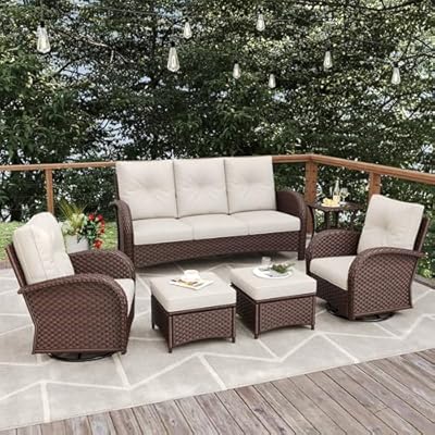 Vakollia 6 Pieces Patio Furniture Sets, Wicker Rattan High Back Outdoor Swivel Rocking Chairs Set with 3-Seat Couch, Ottomans and Side Table