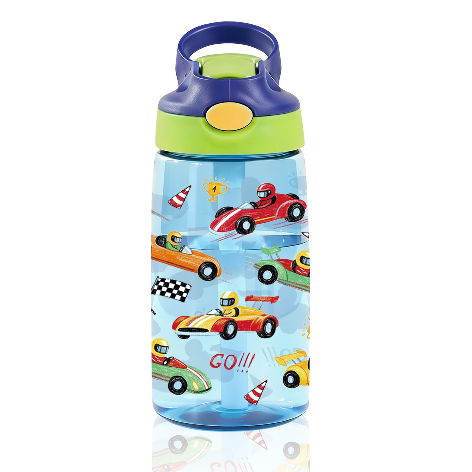 14oz Racing Car Kids Water Bottle with Straw Lid - Cool Water Bottles for Kids, Leakproof, Lightweight, Durable Plastic Bottles for School, Pop-Up Straw Cover, Gift Cup for Girls Boys (Racing Car)