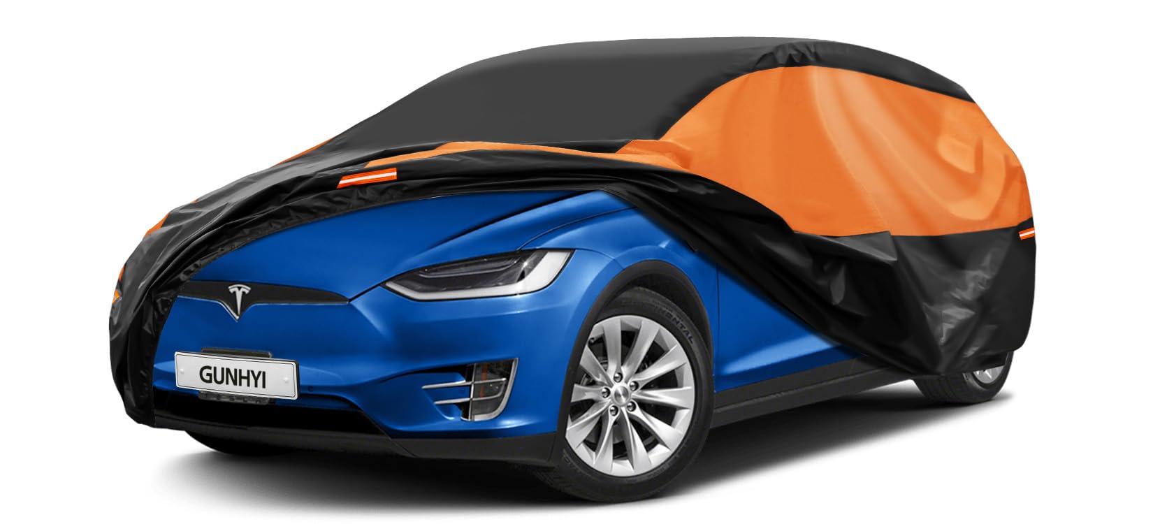 GUNHYI Waterproof Lightweight Sedan Full Car Cover Custom Fit Tesla S | All‑weather Outdoor sun/rain/dust/snow/wind/UV protection, breathable tear‑resistant fabric, black‑orange design,storage bag
