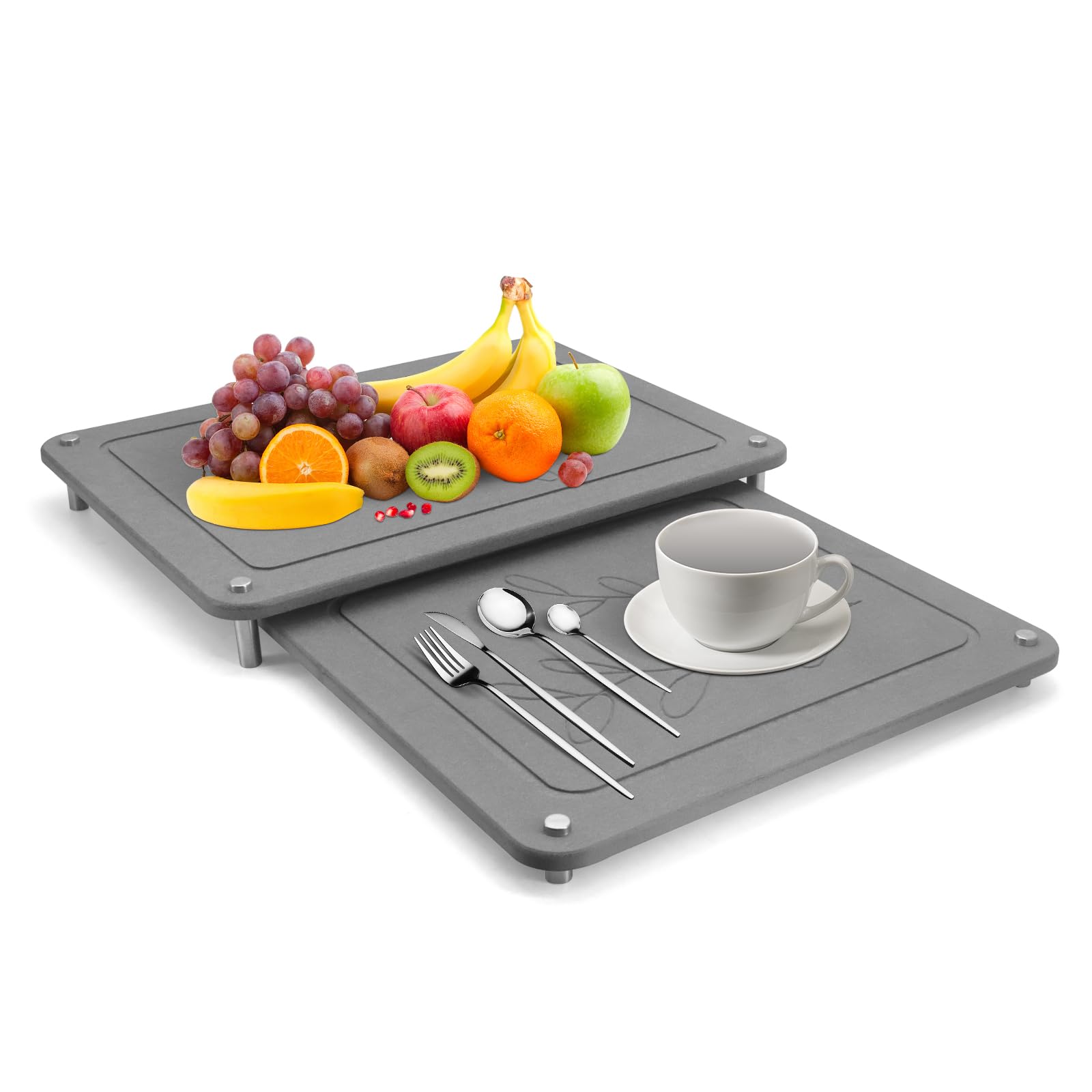 Lot de 2 tapis d'égouttement en pierre pour comptoir de cuisine, 40 x 30 cm, antidérapant, lavable, absorbant, avec pieds en acier inoxydable, terre de diatomée pour plan de travail de cuisine, tapis