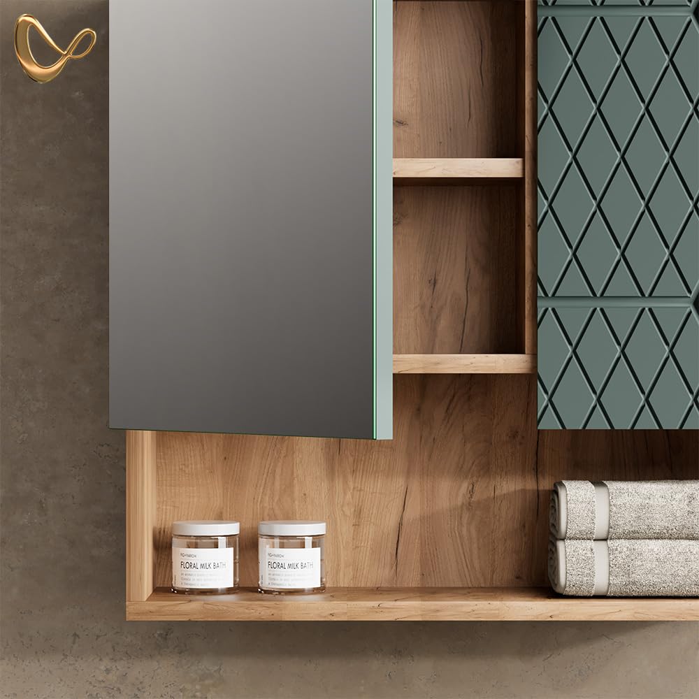 Livinity Badspiegelschrank Ronco, Grün/Goldkraft Eiche, 54 x 55 cm