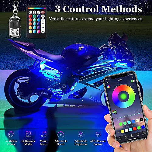 Image of Motorcycle LED Underglow Kit, icicar 8 Pcs APP /RF Control Multicolor Motorcycle LED Light Kit with Brake Turn Signal, IP68 Waterproof & Music Sync Ambient Light for Motorcycles