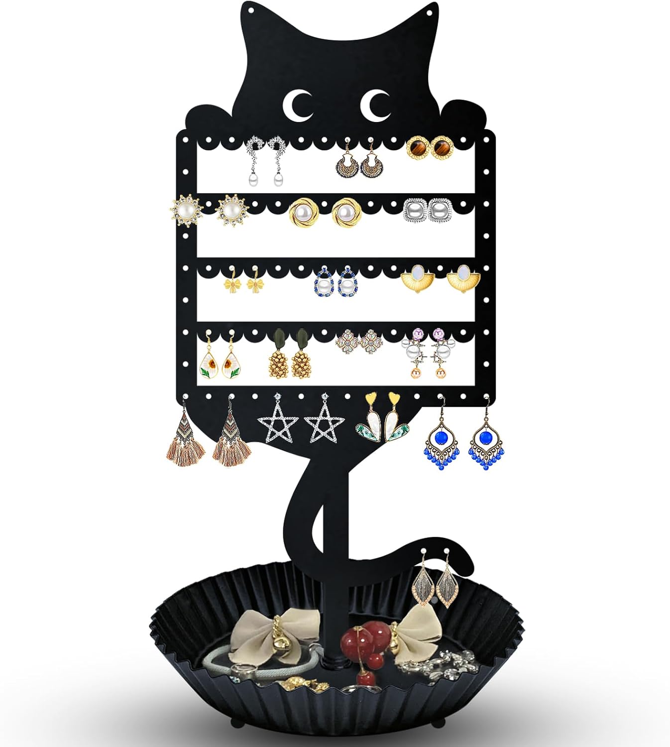 Earring Holder Hanging Organizer Stand Jewelry Rack Metal Cute Cat Tree Shelf Room Decor Table Ear Stud Holder Display Tower with Ring Storage Tray for Teens Girls Kids Cat Lovers, Black