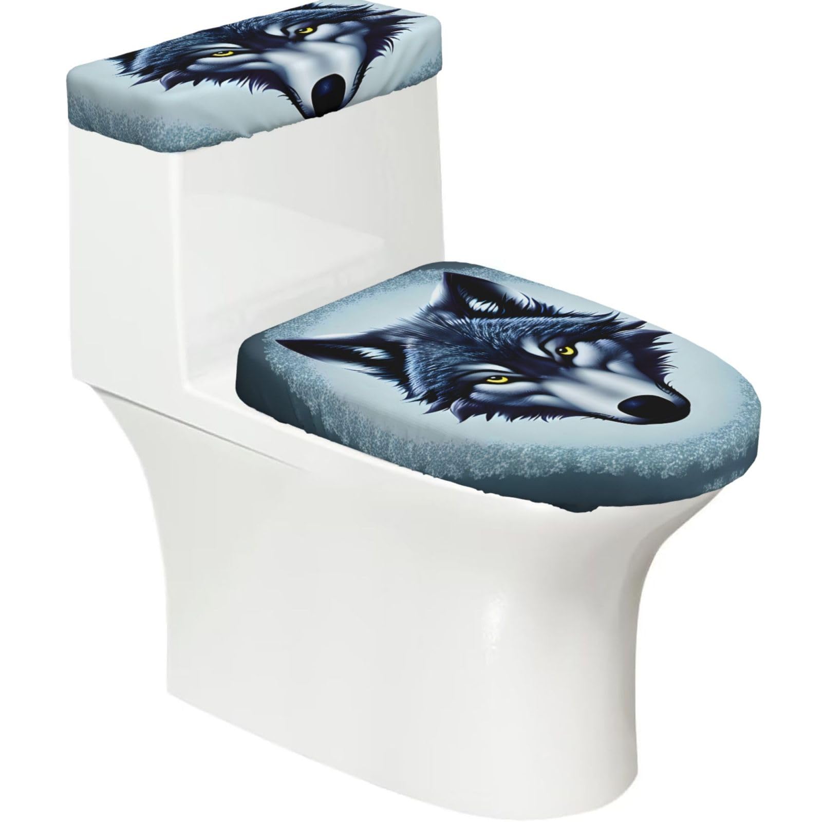 Cntdbu Black Fierce Wolf Head Stretchy Toilet Lid And Tank Cover Set-Soft Elastic Bathroom Decor For U Shape Oval