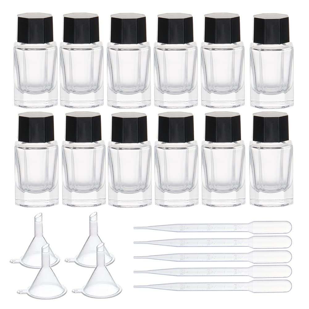 12 Pack 15ml Glass Fountain Pen Ink Bottles with Plastic Bottle Cap, 4PCS Hoppers and 6PCS 2ml Droppers for Pen Calligraphy