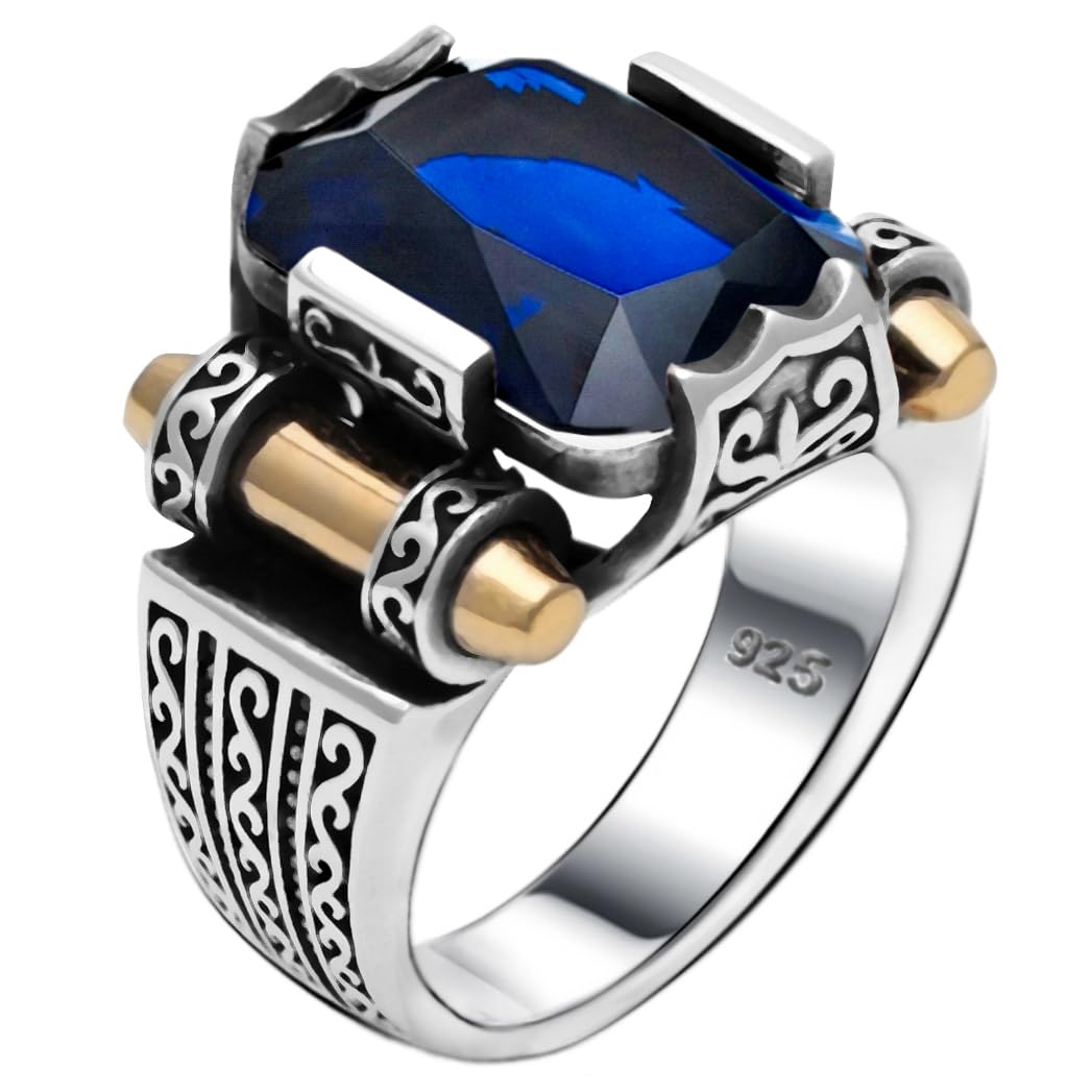 Genuine Solid 925 Sterling Silver Ring for Men, Accented with Bronze, Faceted Simulated Red Ruby Stone, Vintage Turkish Ottoman Style