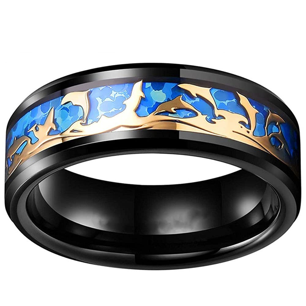 AONEW8mm Black Stainless Steel Ring for Men Women Blue Ocean Gold Dolphin Unique Design Wedding Band Beveled Edges Comfort Fit Size 6-13