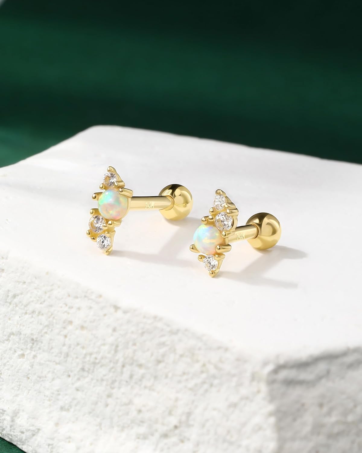 COCHARM 14K Solid Gold Helix Earring Stud 16g Yellow Gold Cartilage Tragus Piercing White Opal Climb Conch Jewelry 6mm 8mm, Real Gold Helix Piercing Jewelry for Women