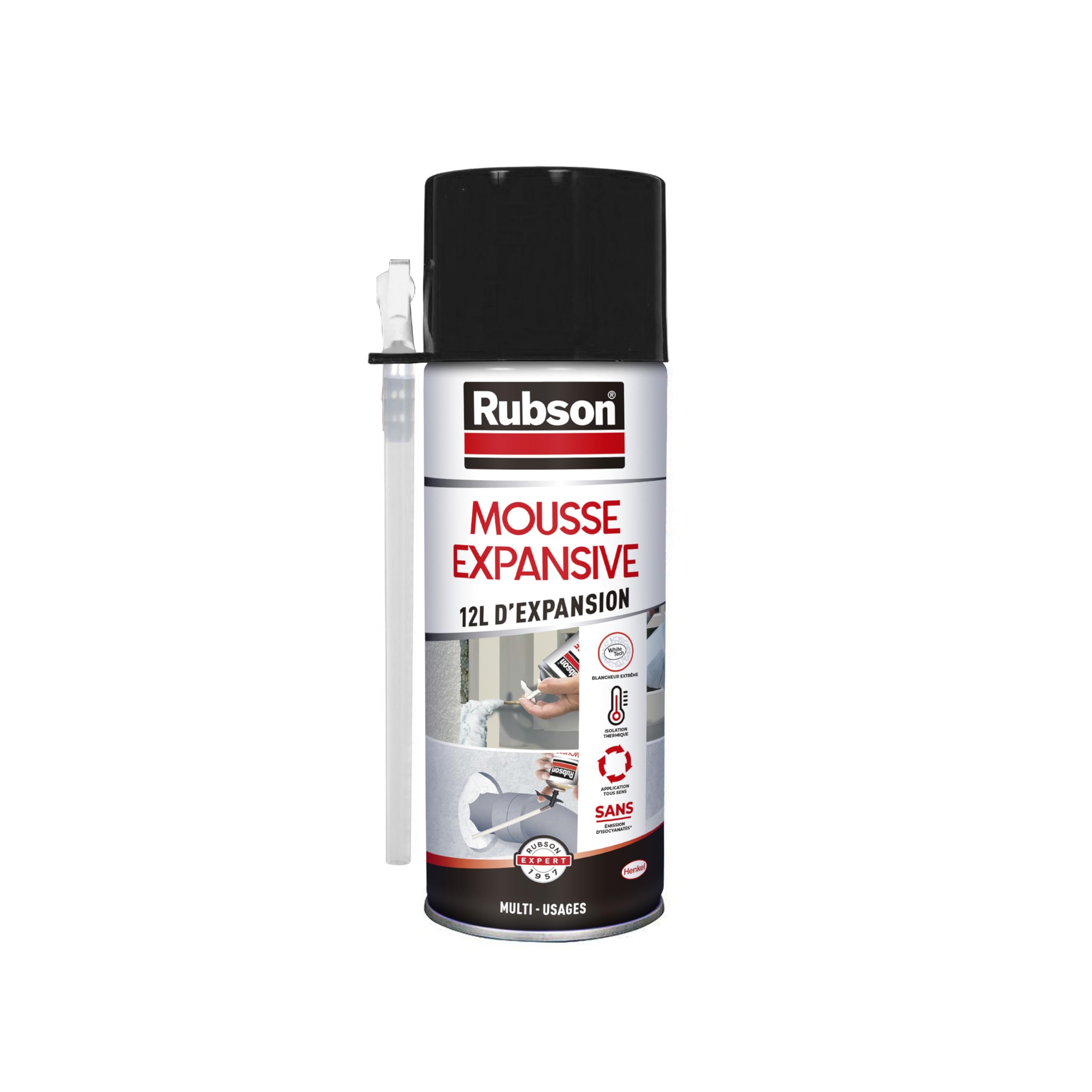Rubson | Mousse Expansive Multi-​Usages (aérosol de 300 ml) Blanche – Mousse polyuréthane pour isolation, calage et rebouchage – Mousse blanche avec 12 litres d'expansion