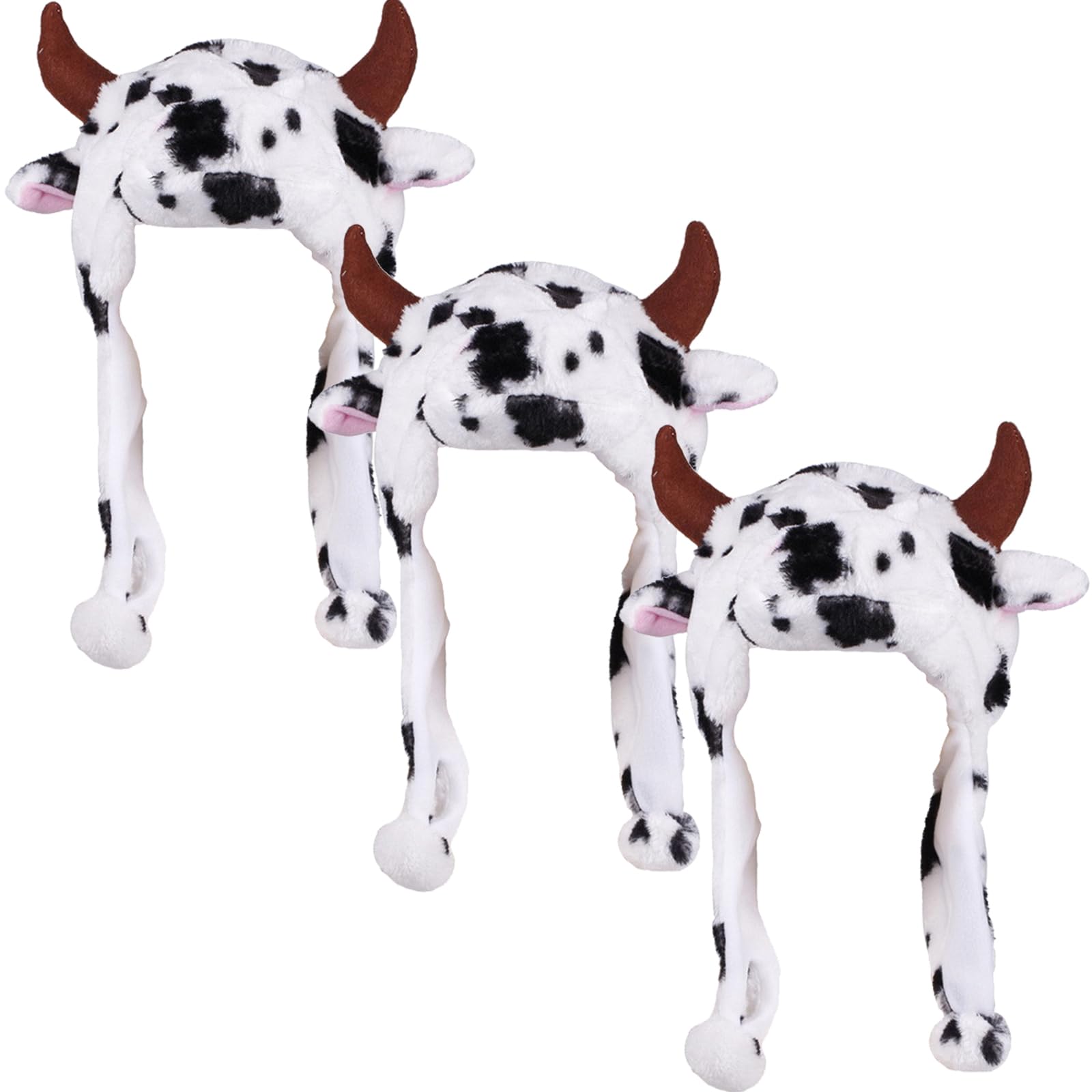 Popuid3 Pack Plush Cow Printed Hat, Cozy Fleece 3D Cow Horn Ear Flaps Cap, Funny Dairy Cattle Costume Cap for Family Adult Kids