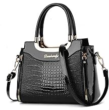 Elegant Black Handbag for Women, PU Leather with Crocodile Design, Double Handles and Adjustable Shoulder Strap, Handbags for Women Crossbody Bag with Inner Pockets and Zipper.