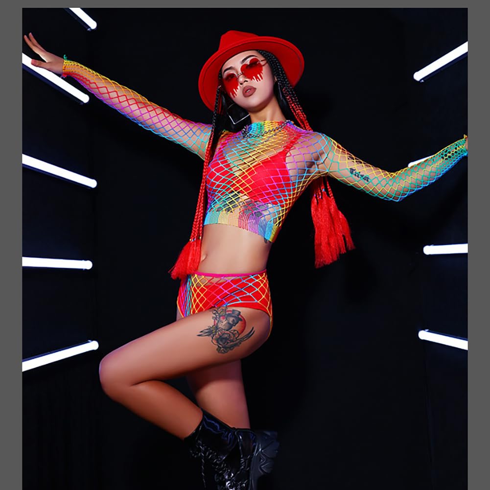 ABEHIK Arcobaleno, body da donna, sexy, rave, festival musicale, abbigliamento colorato, biancheria da notte, biancheria da notte, top a rete, bikini cover up