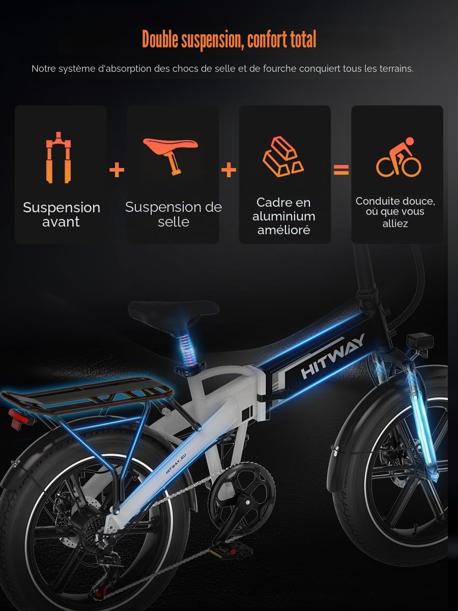 HITWAY Vélo électrique, 20 * 4,0 Pouces VTT Électrique Tout-Terrain, Autonomie 60-120km, Vélo Électrique Pliable avec Batterie 48V 13Ah, 7 Vitesses, Moteur 250W, Ville E-Bike Pedelec pour Adultes