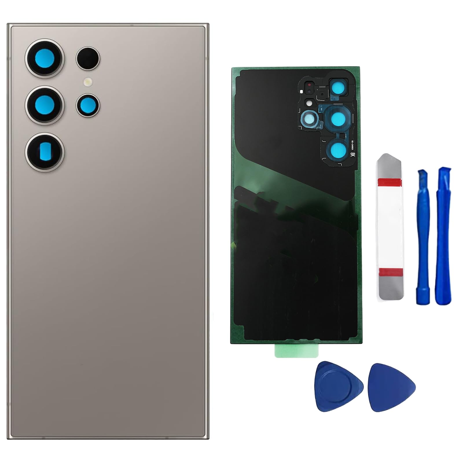 Galaxy S24 Ultra Back Glass Replacement for Samsung Galaxy S24 Ultra 5G Back Glass Cover with Pre-Installed Camera Lens and Adhesive + Repair Tool Kits (Light Gray) Type-C Convertor