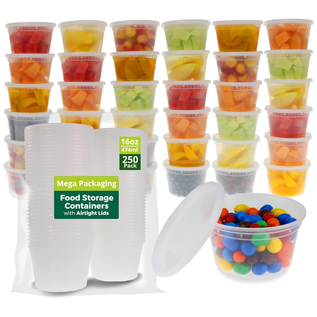 Mega Packaging (250 Pack 450ml - 16oz Round) Stackable Plastic Food Container Set With Lids - Reusable, Leakproof, Dishwasher & Microwave Safe, BPA Free Small Meal Prep Containers