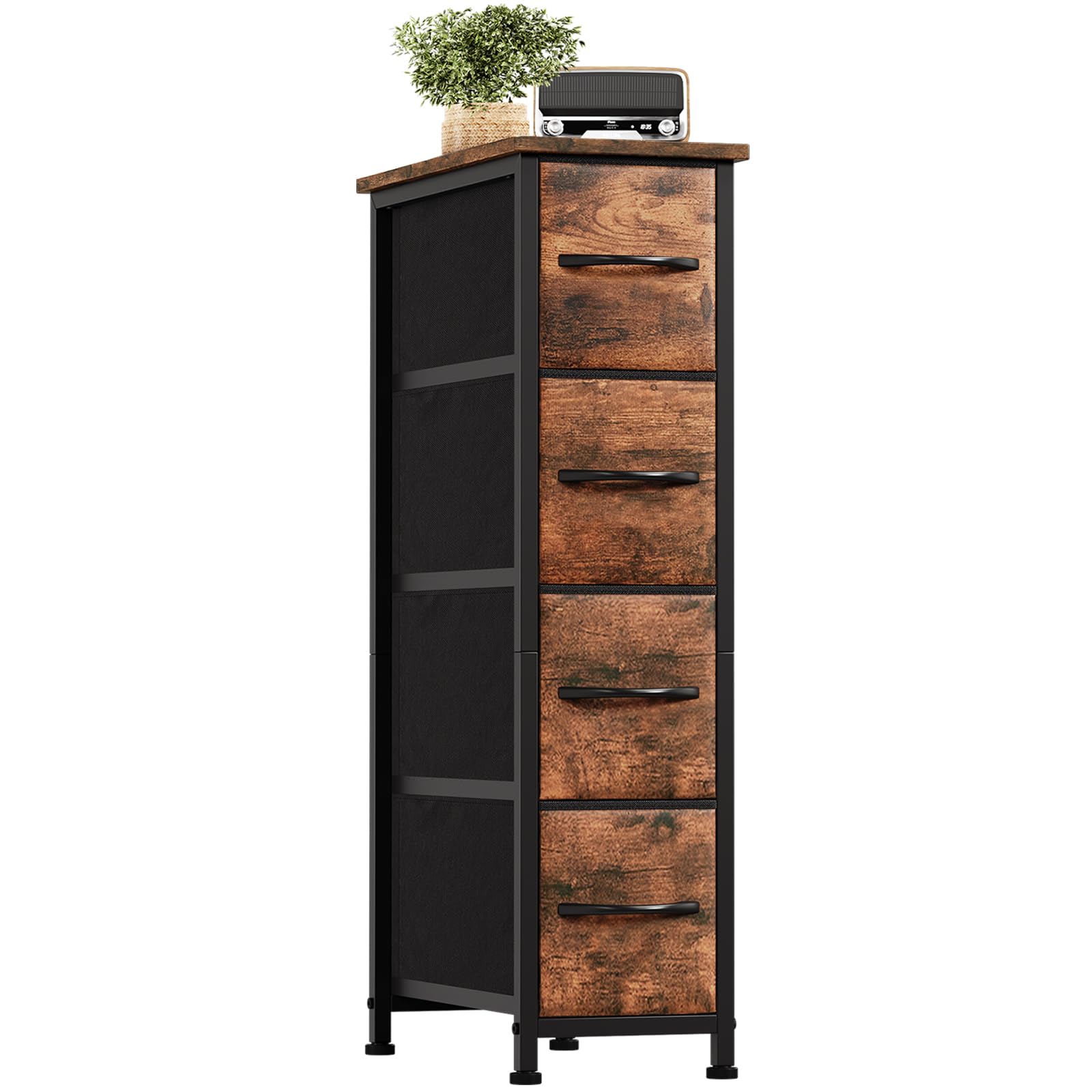 Somdot Slim Chest of Drawers with 4 Fabric Drawers, Narrow Dresser Storage Organiser for Bedroom Living Room Bathroom Closet Nursery Entryway Hallway, Wood Grain Print โ image 1