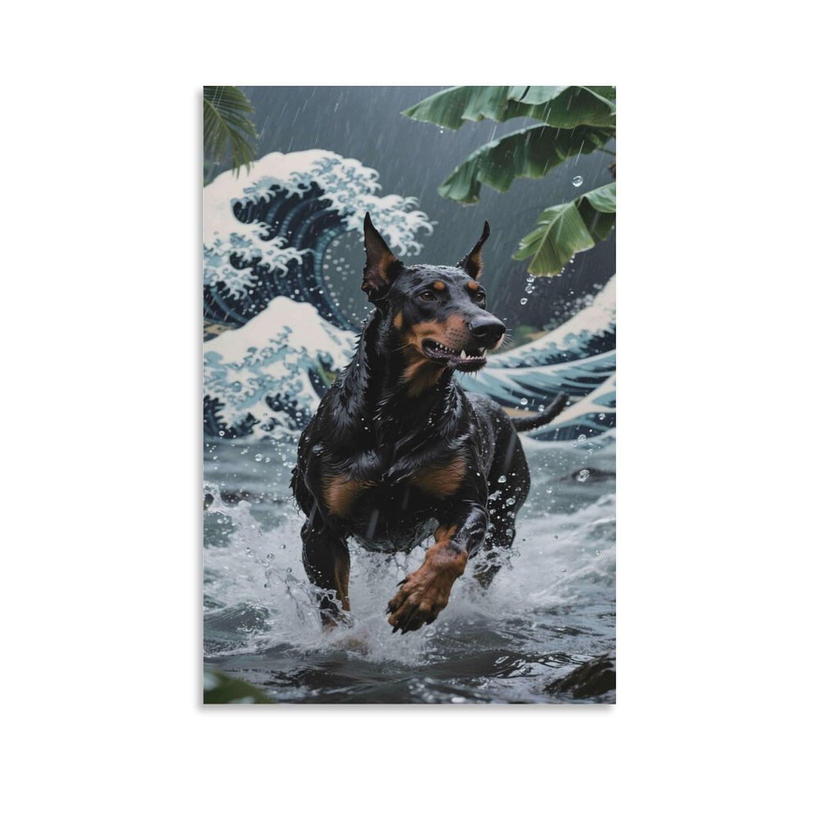 DHBANEIOK Doberman Running Water Poster Artwork Canvas Prints Picture Modern Canvas Wall Art Picture Wall Hanging for Dining Room Kitchen Home Office Decor 16x24inch(40x60cm)