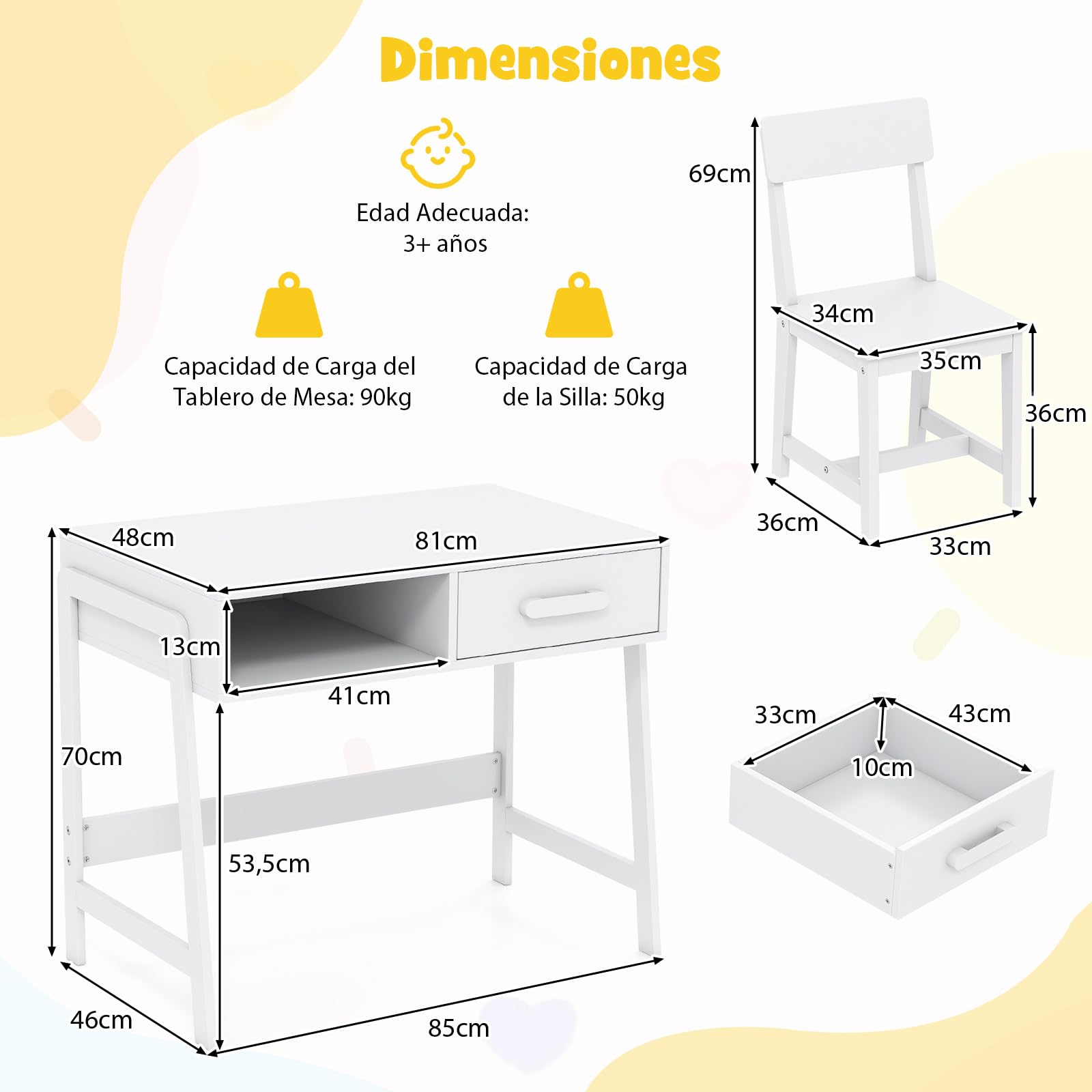 COSTWAY Juego de Mesa y Silla Infantil, Juego de Mesa de Estudio de Madera Maciza para Niños con Cajón y Estante, Escritorio Infantil para Estudiantes para Niños de 3+ Años (Blanco)