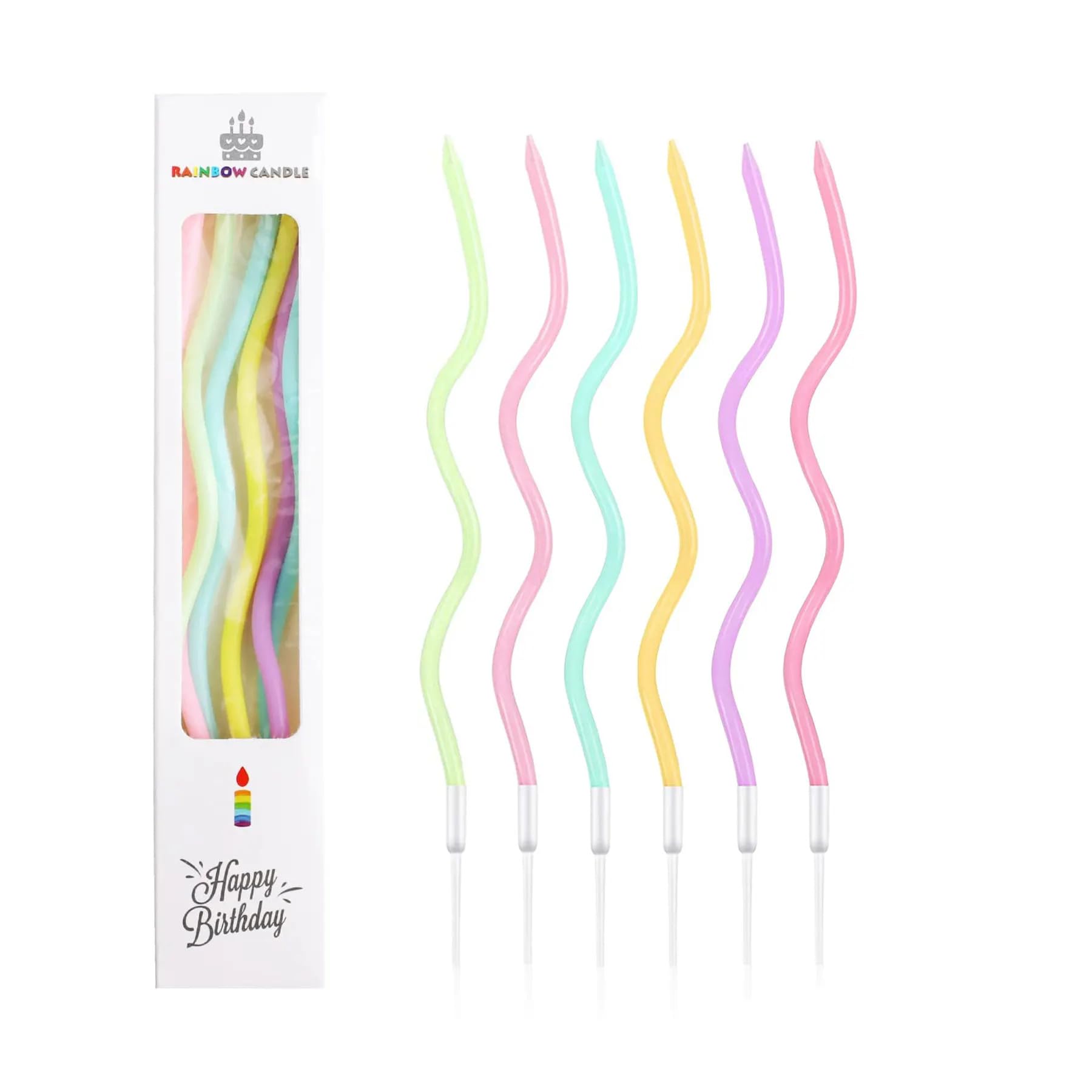 Cwise 24 velas de cumpleaños con forma de espiral, con soportes, colores macarrón, para tartas, cupcakes, velas largas y finas para cumpleaños, fiestas y decoración de pasteles (multicolor arcoíris)