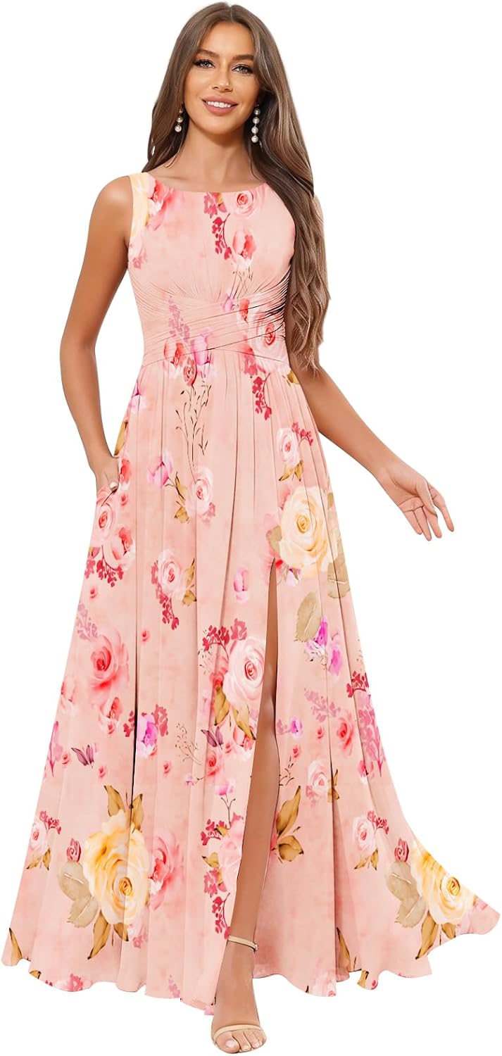 Women’s Pleated Chiffon Bridesmaid Dresses Scoop Neck Formal Dress A-line Wedding Guest Dress with Pockets