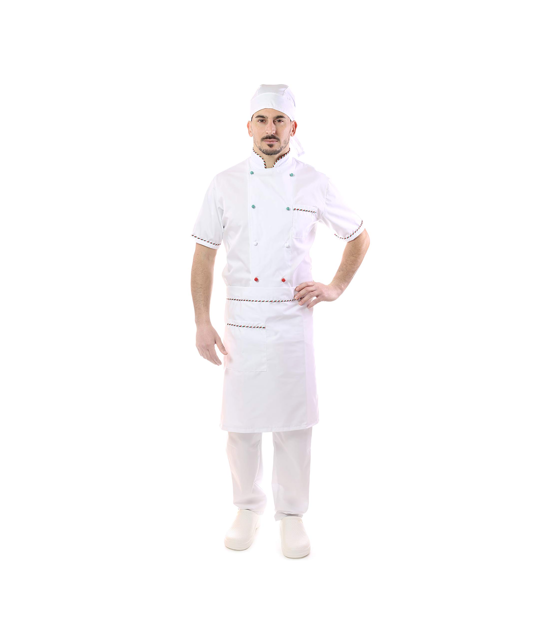 RICAMO GRATUITO - Completo Cuoco e Chef Bianco - Profili Tricolore - Uomo - 4PZ - Giacca Manica Corta, Pantalone, Davantino, e Bandana - Divisa per Cucina e Ristorante - Made in Italy Tessile Astorino