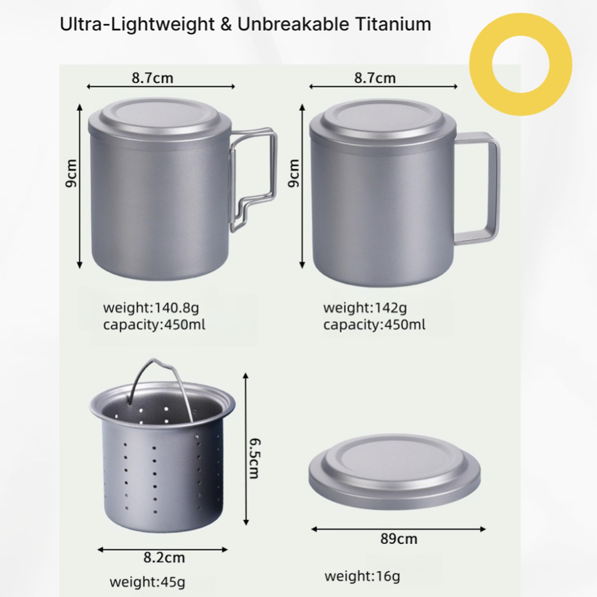 WIOKINY Pure Titanium Teacup Double Layer 450ml Camping Mug with Tea Strainer Foldable or Straight Handle Camping Water Mug (Sliver(Folding handle))