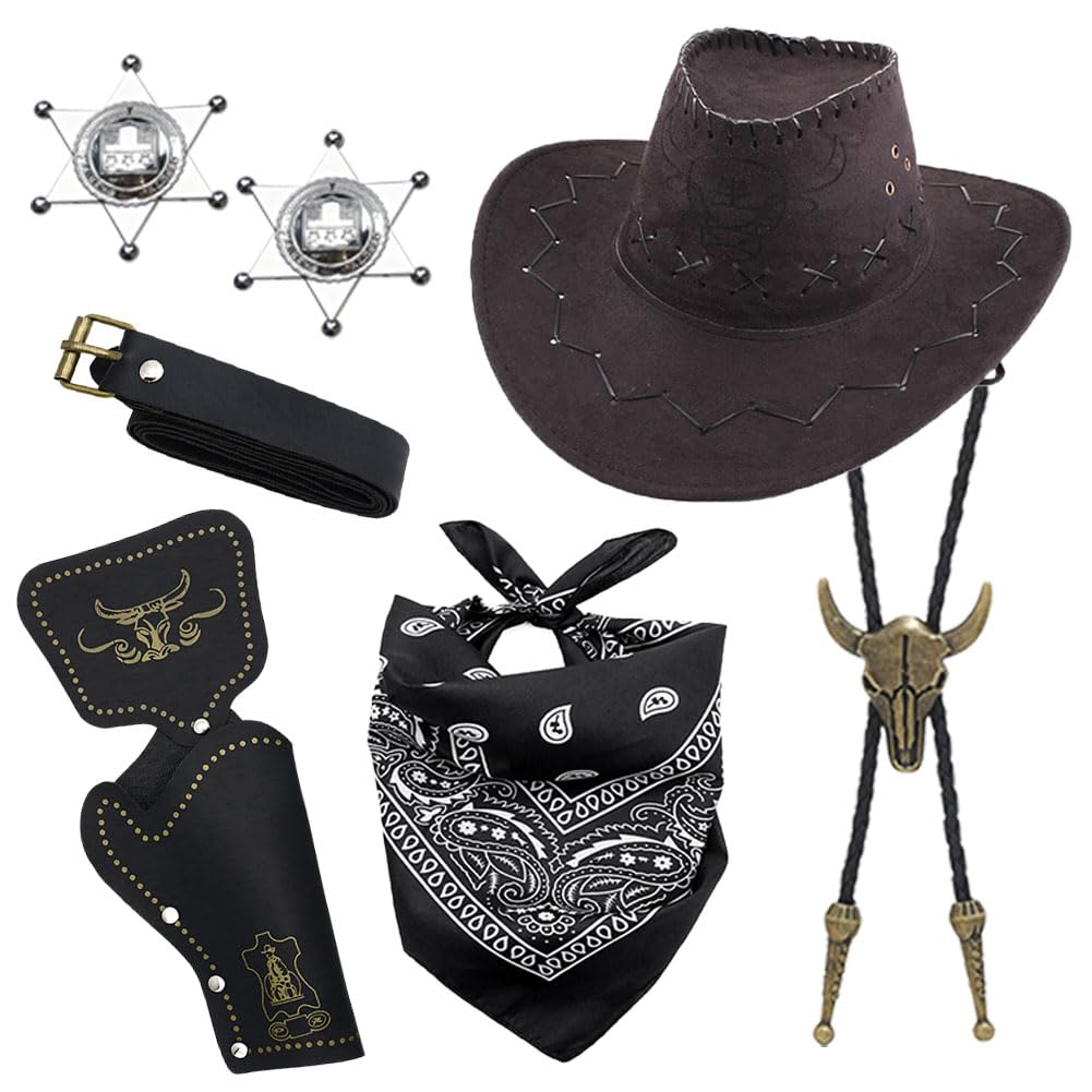 Cowboy Fancy Dress Accessories Set, 7PCS Cowboy Hat Costume Set with Hat Necklace Belt Bandana Western Outfit Accessories Sets Western Fancy Dress Carnival Costume Sets for Adults Cosplay(Black)