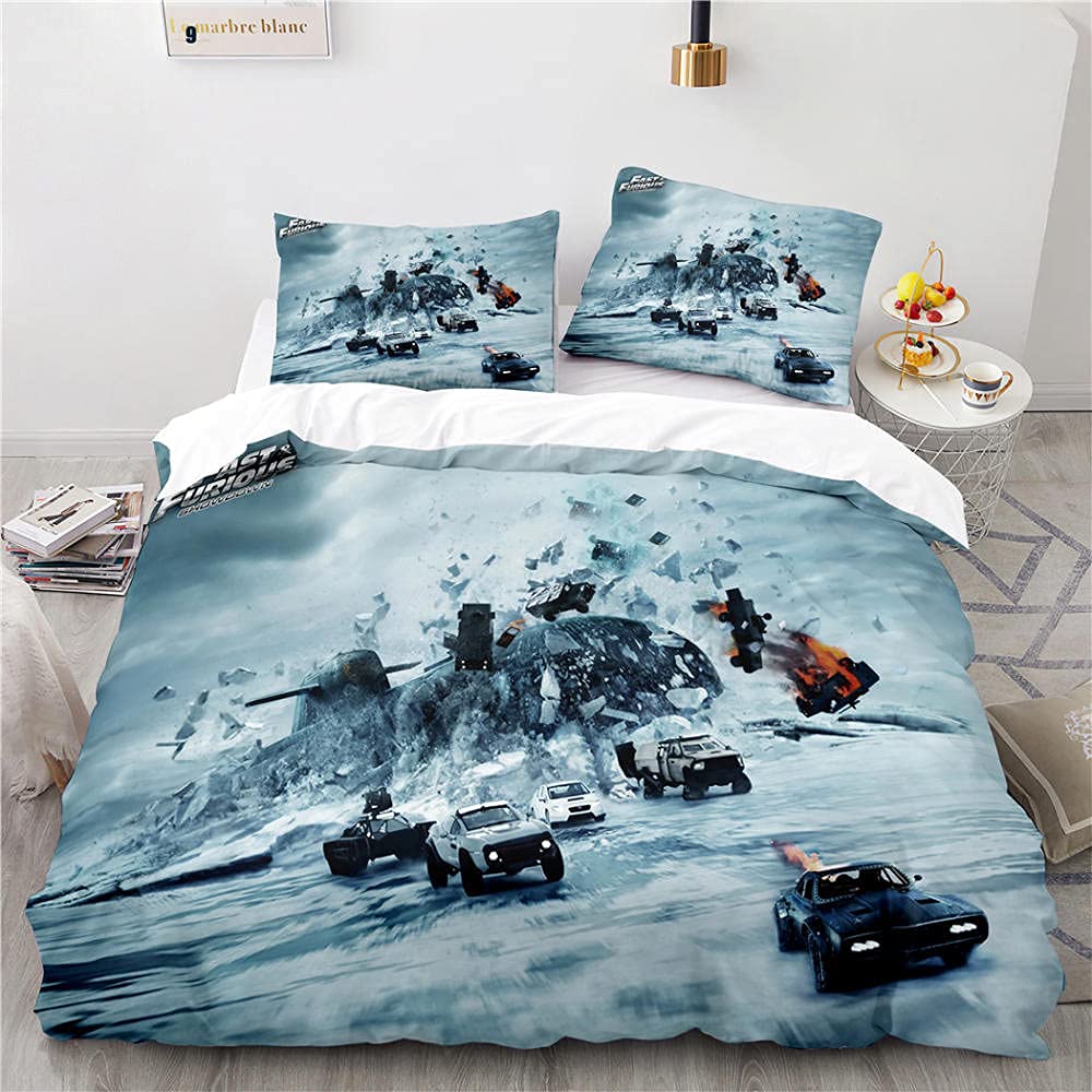 Shuixian print 3D bedding Quilt Cover and Pillowcases Fast furious Super Soft Easy CareDouble(200x200 cm), 3 piece set 1 piece quilt cover + 2 piece matching pillowcase
