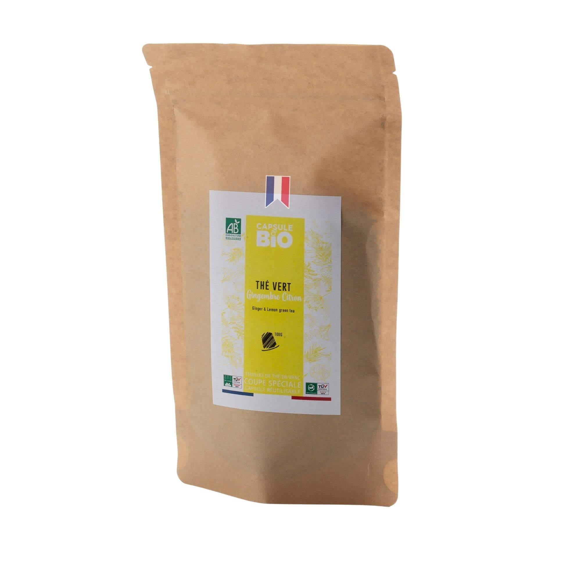 KAPSUL&BIO - Organiczna zielona herbata z cytryną imbiru, opakowanie 125 gr - Natychmiastowy drobny kubek do zimnego lub gorącego naparu - 100% naturalne składniki certyfikowane przez Ecocert - produkcja francuska