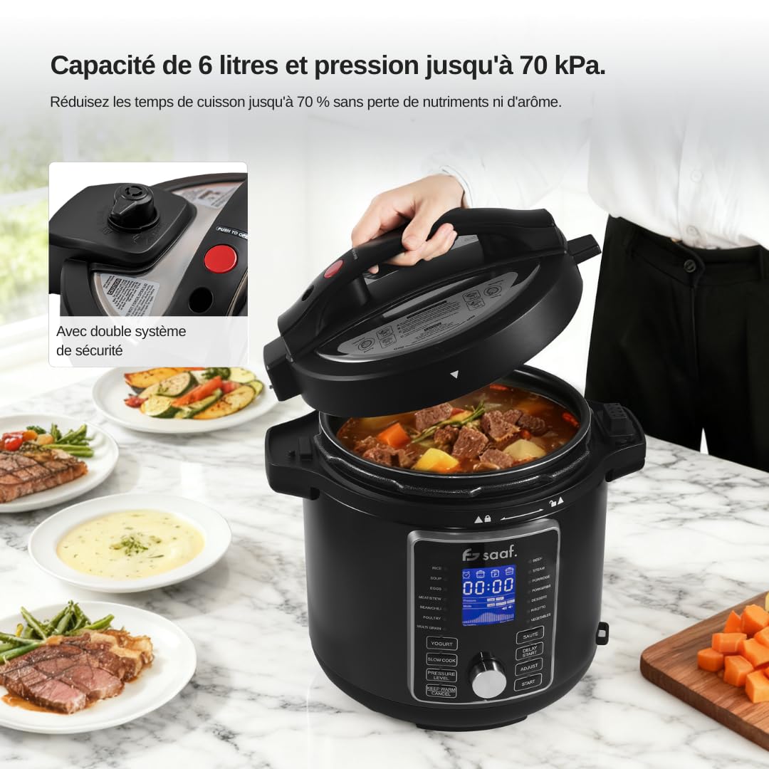 Saaf Multicuiseur avec Airfryer – Set de 15 Pièces – 24 Programmes – Slowcooker, Cuiseur à Riz, Vapeur & Cocotte-Minute – 6L – Inclus Panier, Cuve & Livre de Recettes – Écran Digital