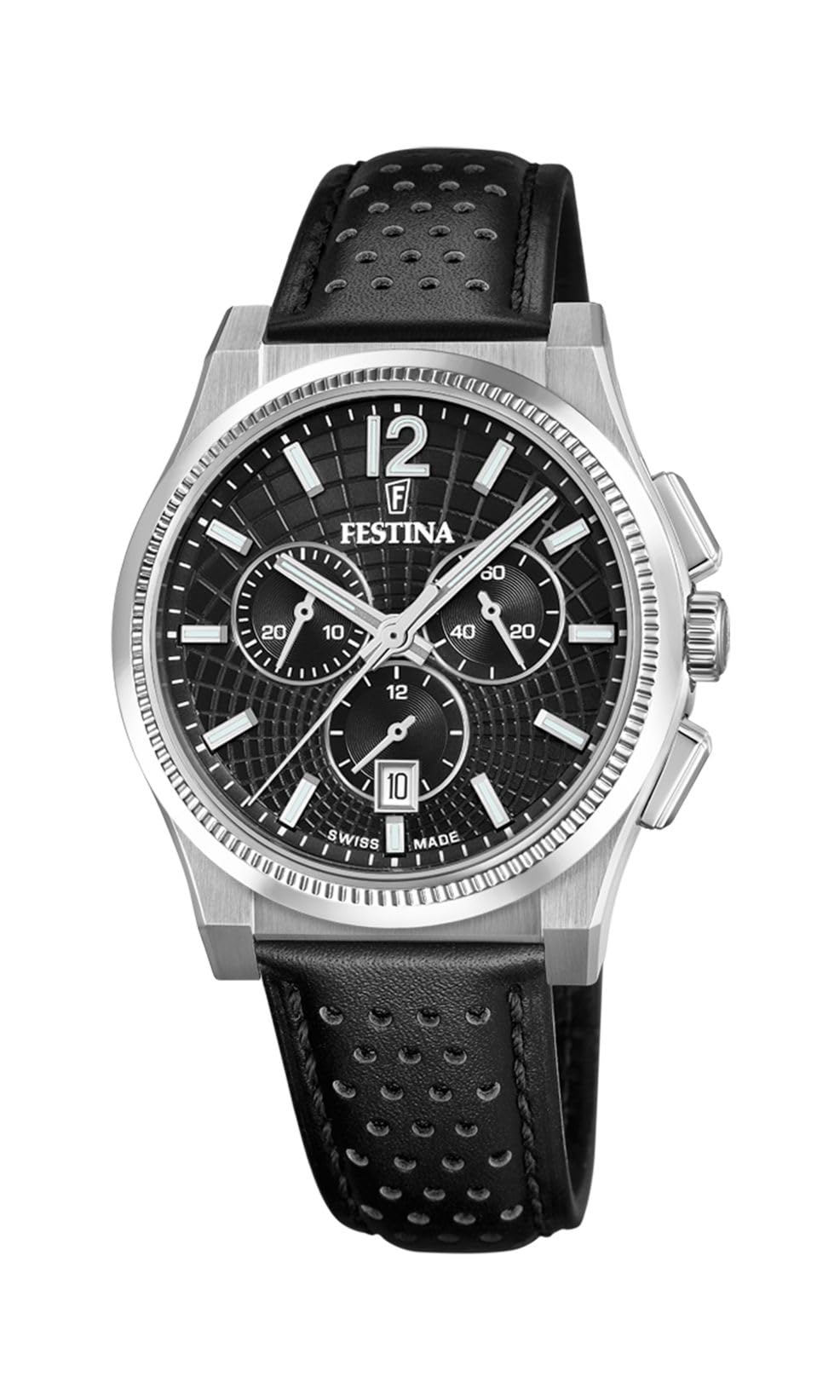 Festina Swiss Made Reloj Hombre Analógico de Cuero Negro - Movimiento de Cuarzo - Cronógrafo - Calendario - Cristal Zafiro Resistente - Resistente al Agua 10 ATM Elegante F20060/​4 Rive Collection