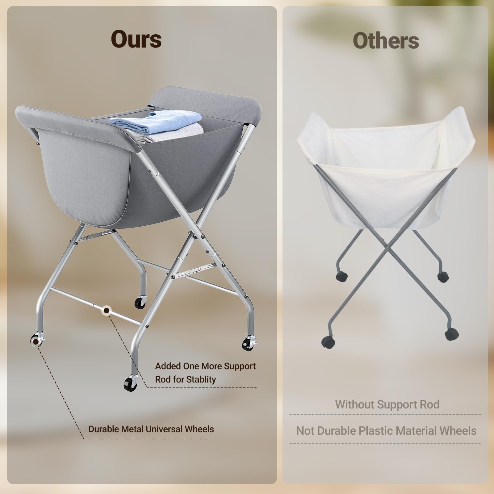ELYKEN Carrito de lavandería con ruedas, cesta de lavandería fácil de enrollar de 33 pulgadas de alto con bolsa de forro extraíble, cesta de ropa con marco de metal resistente con 4 ruedas y 2 frenos