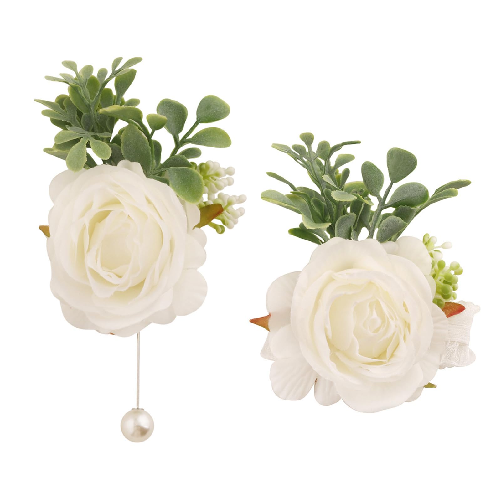 Msioytog Milky White Rose Boutonniere And Wrist Corsage Flower With Green Leaves For Bride Bridesmaids Wedding Ceremony Photography Realistic Cream Color Rose Boutonniere Wrist Corsage With Green Leaves For Wedding