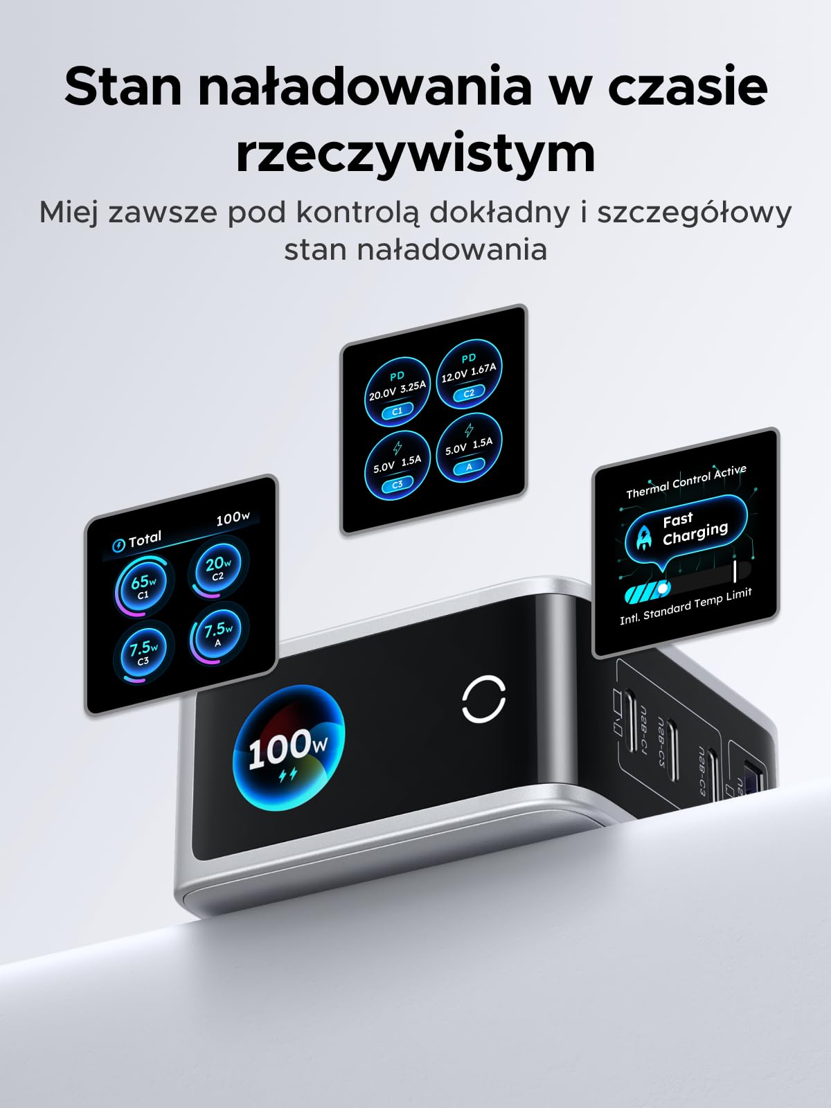UGREEN Nexode Pro Ładowarka 100W USB-C 4 w 1, inteligentny wyświetlacz | Wyświetla stan ładowania w czasie rzeczywistym, ładowarka do laptopa, kompatybilna z MacBook Pro/Air, iPhone, Galaxy S26,iPad