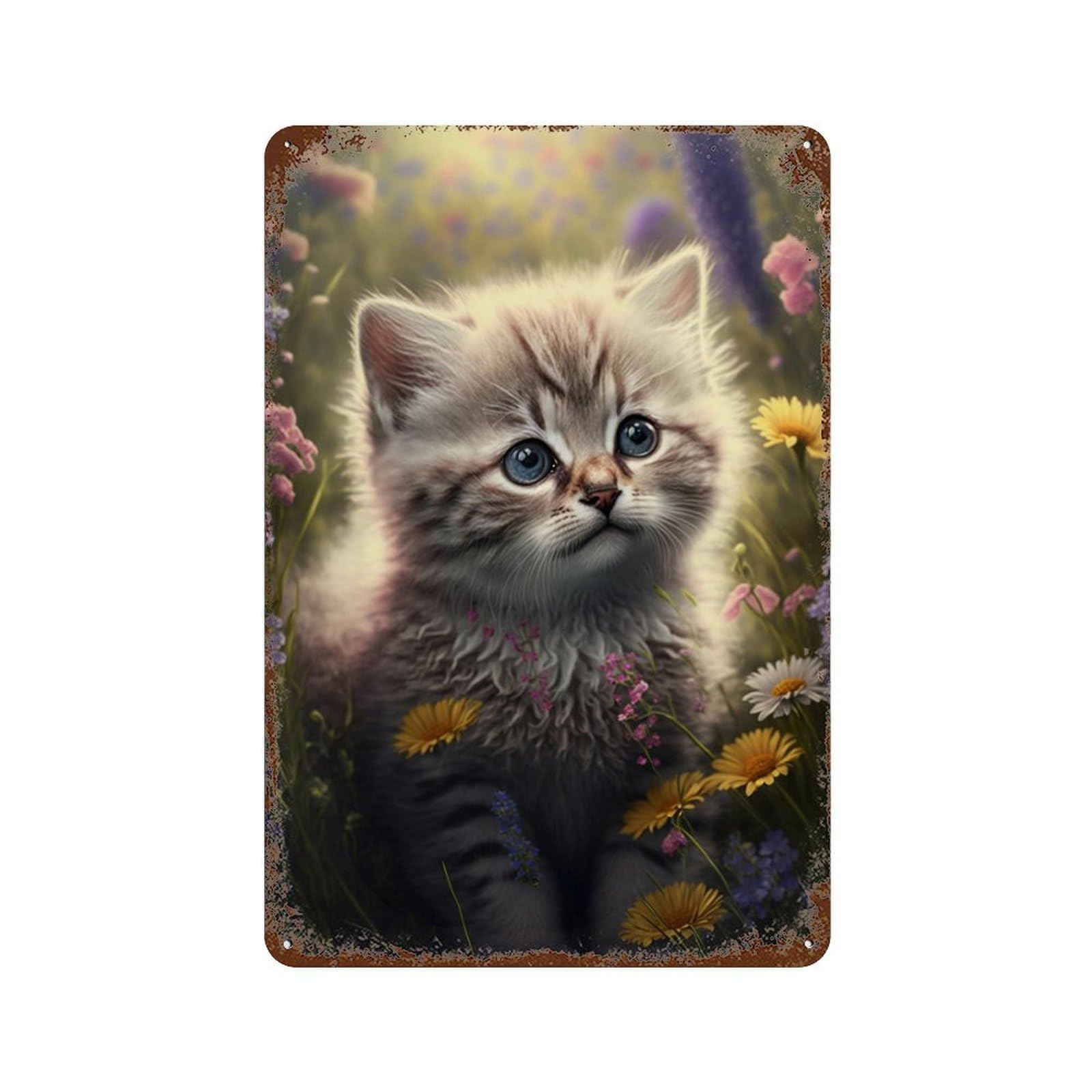 Fluffy Kitten Garden 11.8"x7.9" Decorative Tin Sign, Classic Wall Plaque for Patio, Garden Room And Bar Decor
