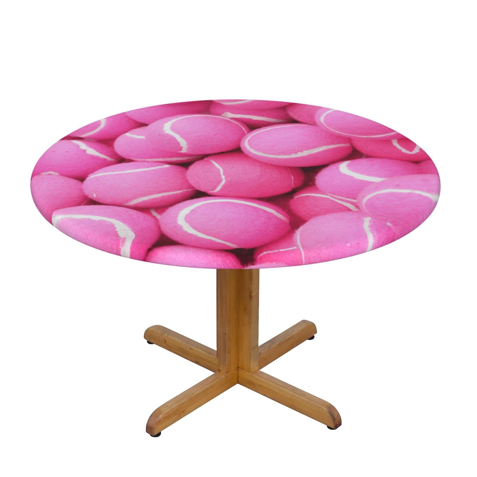 YQxwJL Bright Pink Tennis Balls Print Round Picnic Tablecloth, Elastic Fitted Table Covers For 90-140 Cm Tables Camping Indoor Outdoor