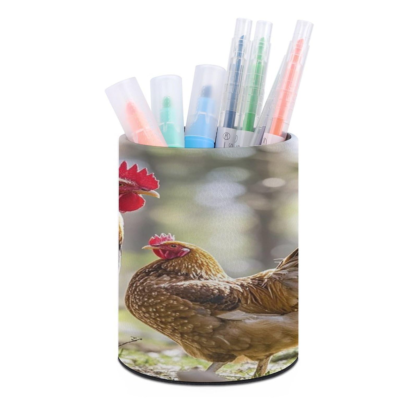 FekiLoot Round Rooster And Hen Pen Holder for Desk PU Leather Waterproof Pencil Cup Stand Minimalist Makeup Brush Storage Organizer Desktop Stationery Container Accessorires