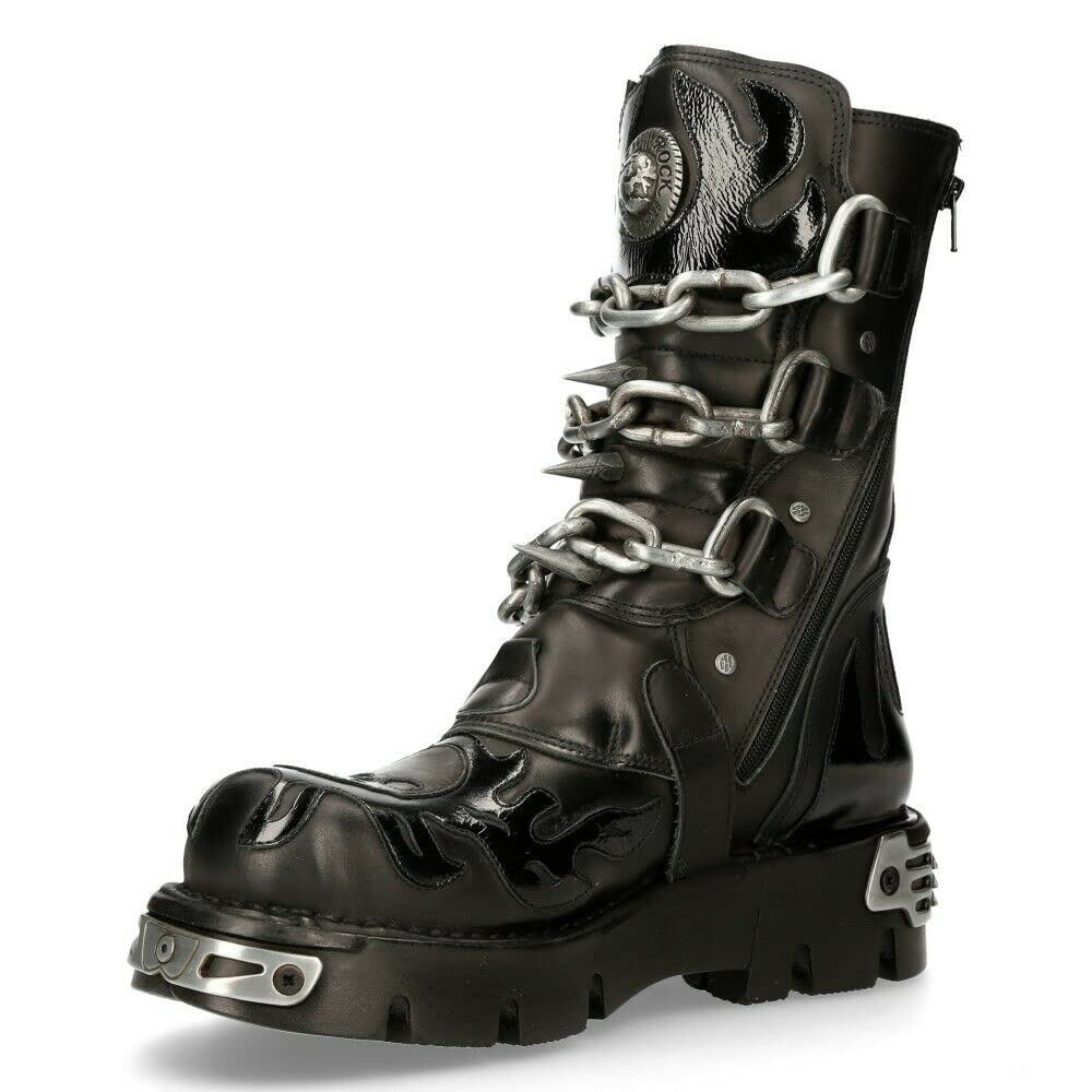 New Rock 727-S1 Metallic Schwarzes Leder Spikes Gotisch Mittlere Wade Punk Rock Stiefel