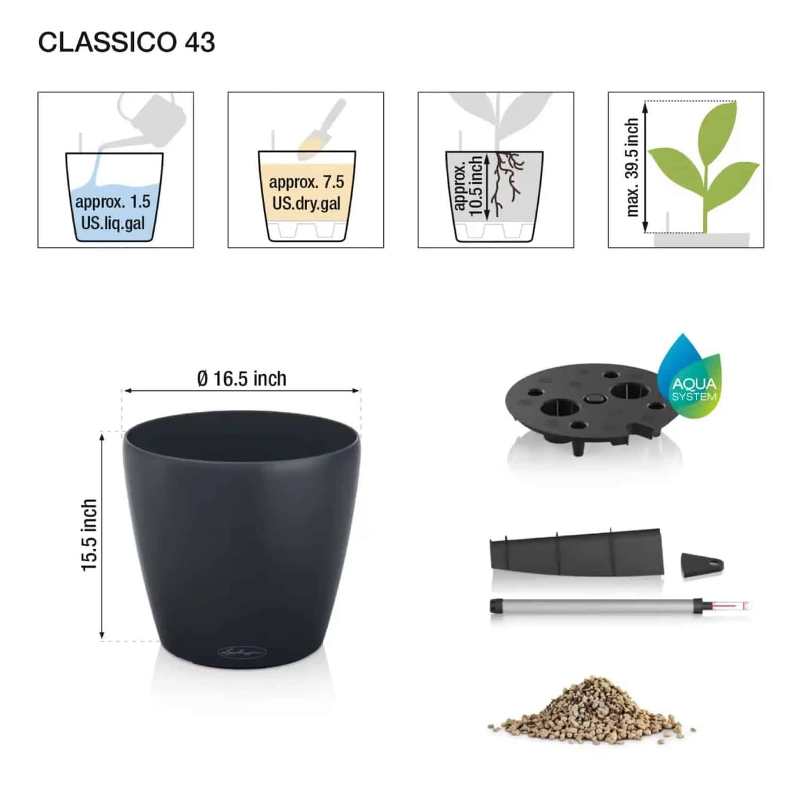 Lechuza Vaso Classico Color Ø43 H40 con Auto irrigazione Grigio Ardesia