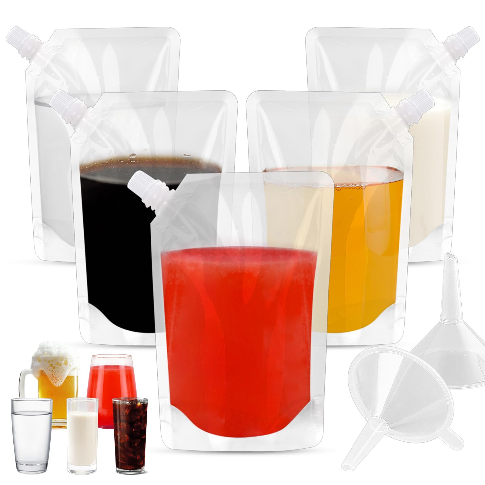 Set of 10 Travel Flasks with Funnel, Reusable Adult Alcohol Pouches, Concealable Plastic Alcohol Bags (Slanted Mouth, 100ml)