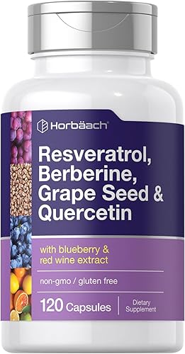 Horbäach Resveratrol Berberina Semilla de uva y Quercetina  con extracto de arándano y vino tinto  120 cápsulas  Suplemento sin OMG, sin gluten