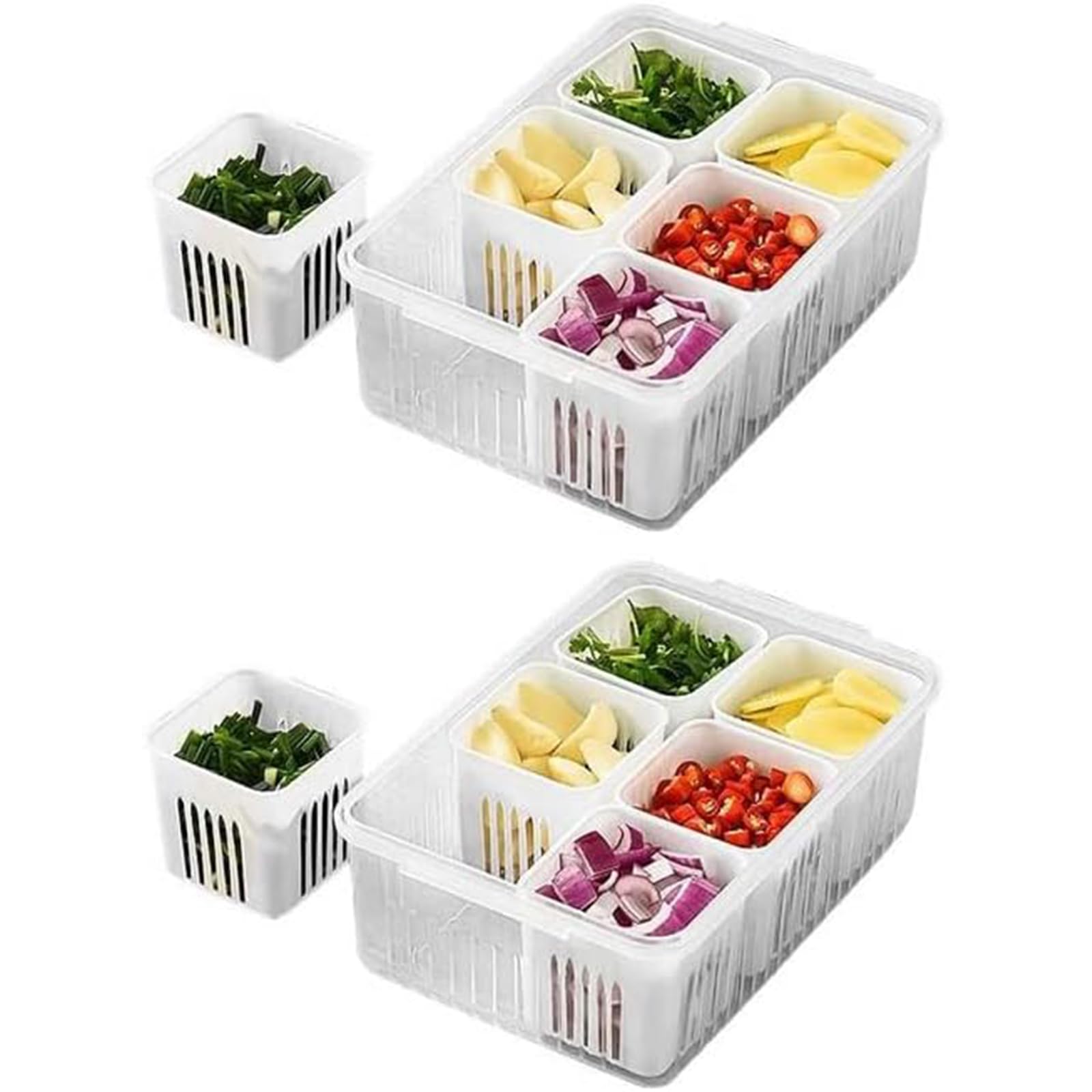 NOAMED Kitchen Scallion Storage Box 6-in-1 Kitchen Scallion Storage Box Refrigerator Drain Basket Storage Box Reusable Fridge Food Storage Box with Lids Detachable Kitchen Drain Basket (1*PCS)