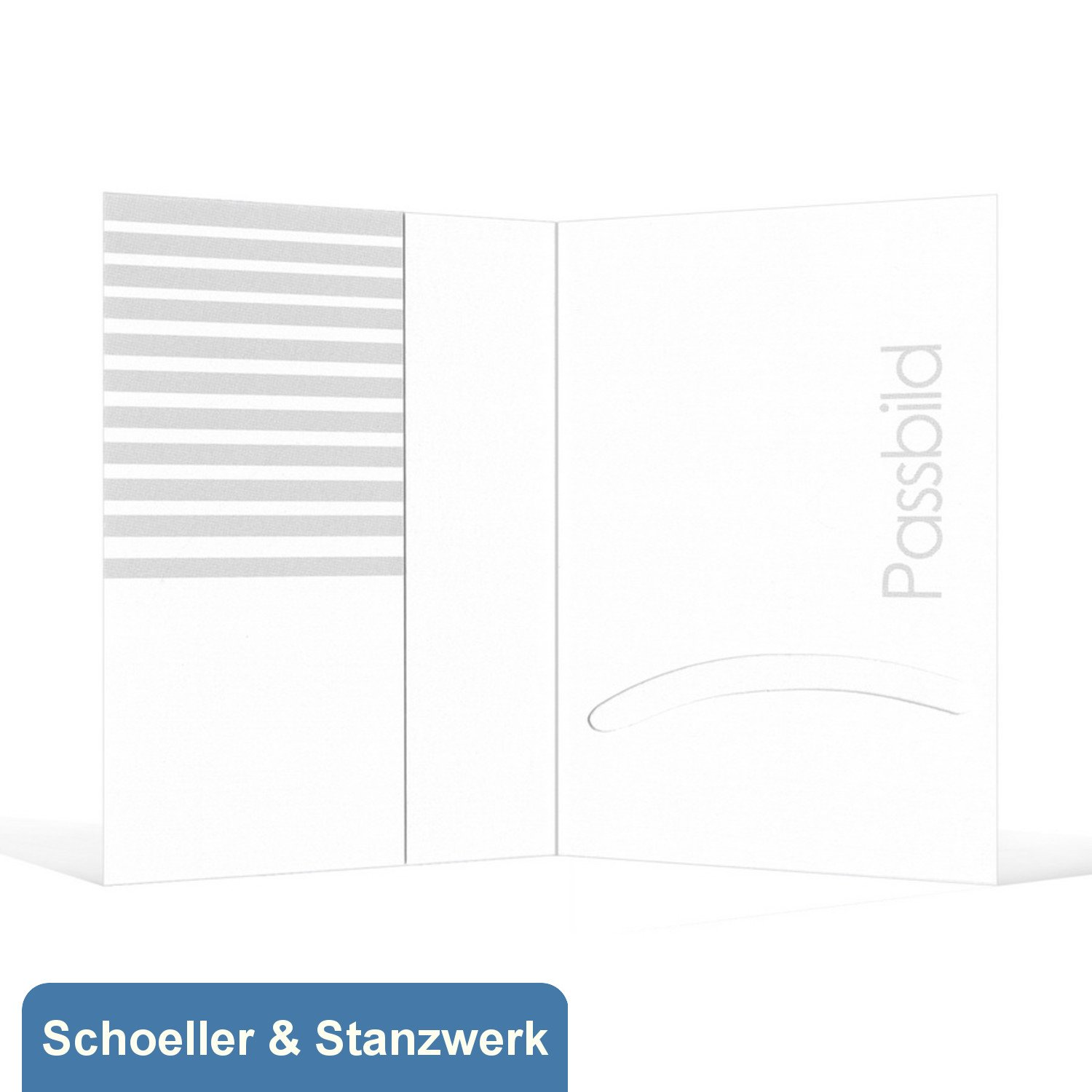 Schoeller & Stanzwerk© - 100 Stück Passbildmappen für Passfotos 4,5x6 cm ohne Passepartout mit Tasche weiß mit grauen Streifen